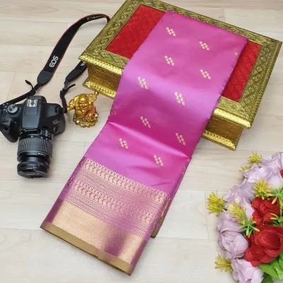 Teal Green Gold Zari Butta Fusion Soft Silk Saree